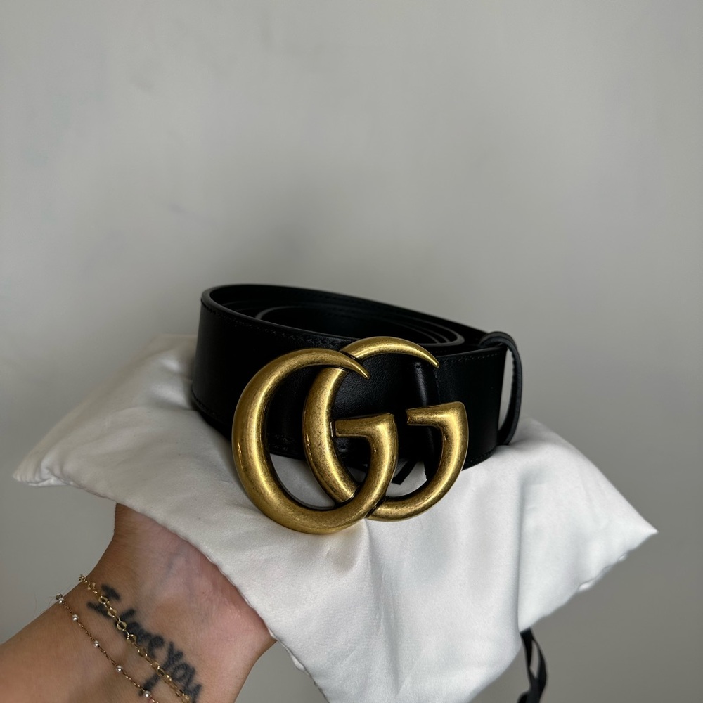 Gucci Black Leather Belt with Gold Double G Buckle